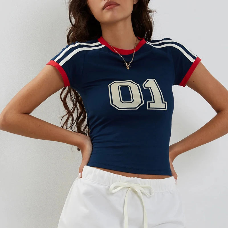 Letter Crop Top Tee Vintage Casual Short Sleeve Y2k