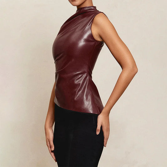 BC Yamil PU Leather Asymmetrical Ruched Sleeveless Blouse
