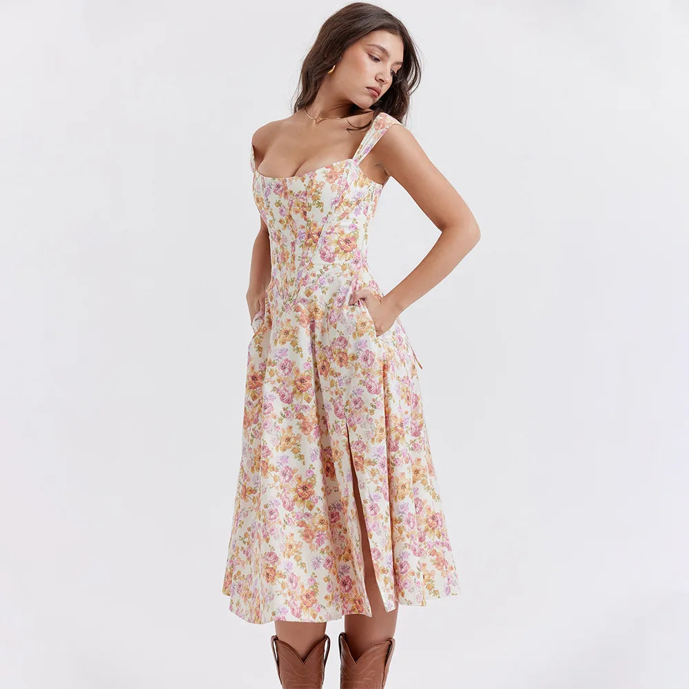 Suni Heart Lace-Up Floral Print Dress