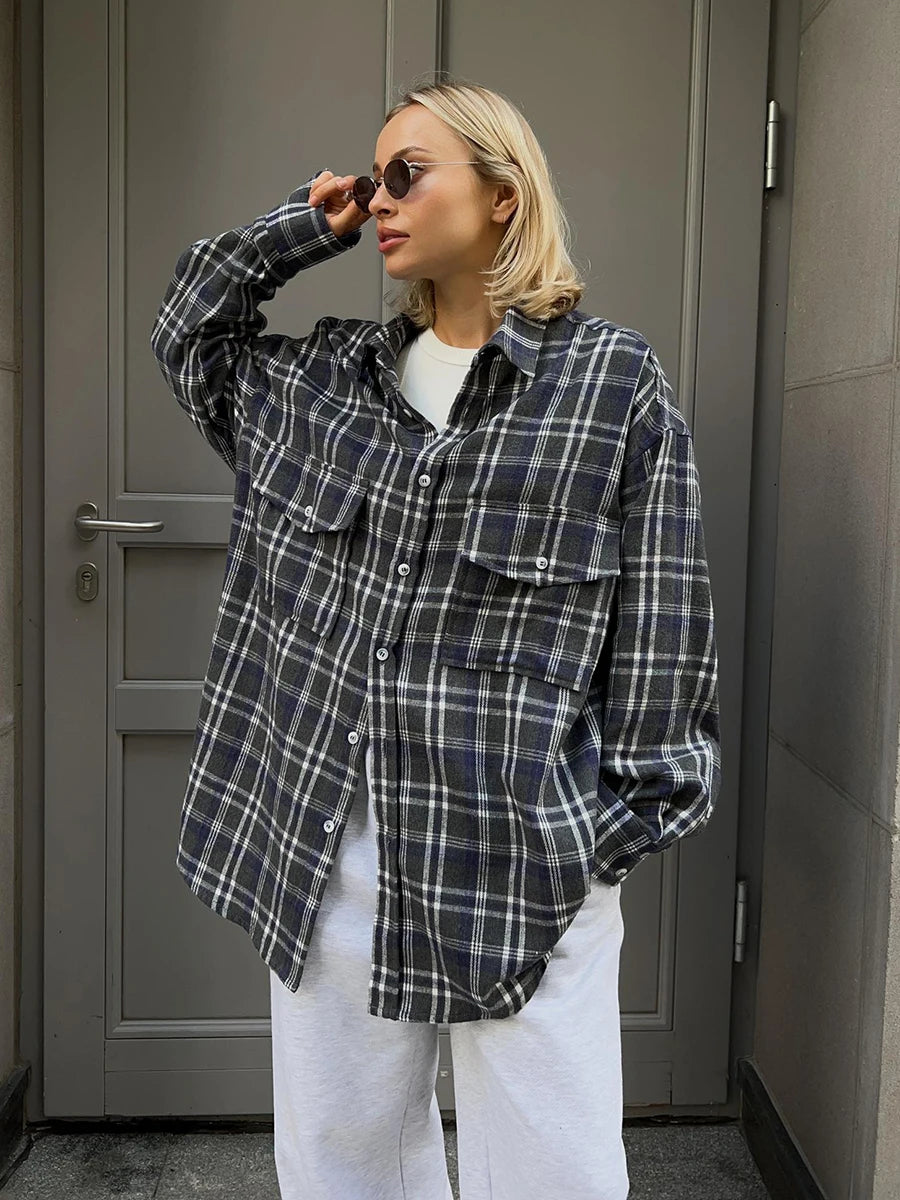 BCG Y2K Vintage Loose Plaid Lapel Long Sleeve