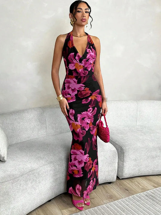 Floral Halter Print Sleeveless Mesh Dress