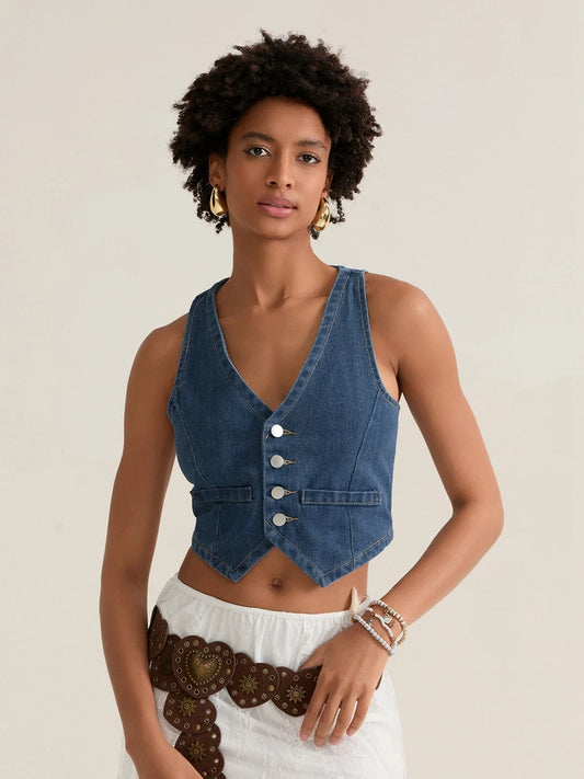 BC Cropped Jeans Waistcoats Sleeveless V Neck Button-down Denim Vests