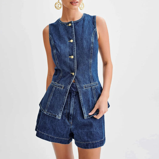JO Y2K Vintage Retro Denim Long Vest Tops Back Slit Sleeveless with Pocket Round Neck