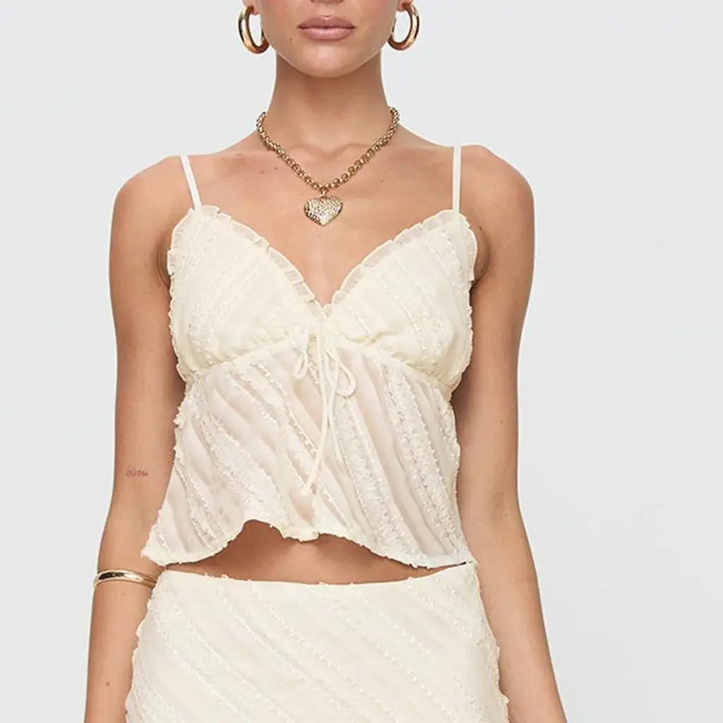 Saki Y2K See-through Ruffled V-Neck Bow Tied Shoulder Backless Crop Top Cami