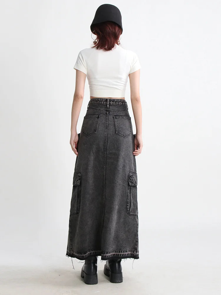 Denim High Waist Patchwork Pocket Skirt