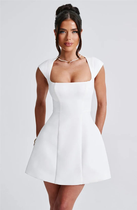 Moz Square Collar Short Sleeve A-line Loose High Waist Elegant Mini Dress