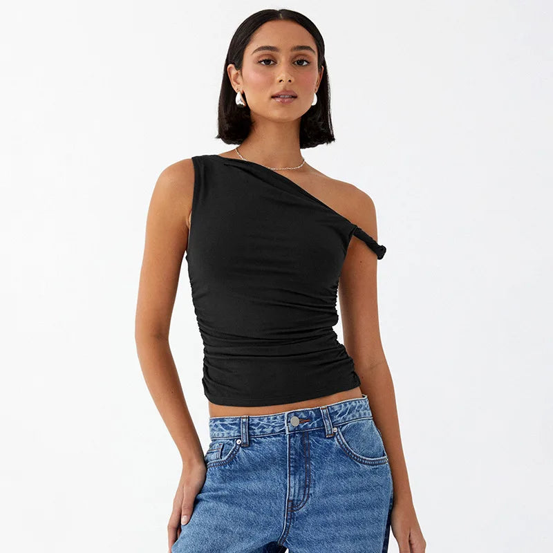BC Simple Basic Sleeveless Off Shoulder Side Ruched Tops
