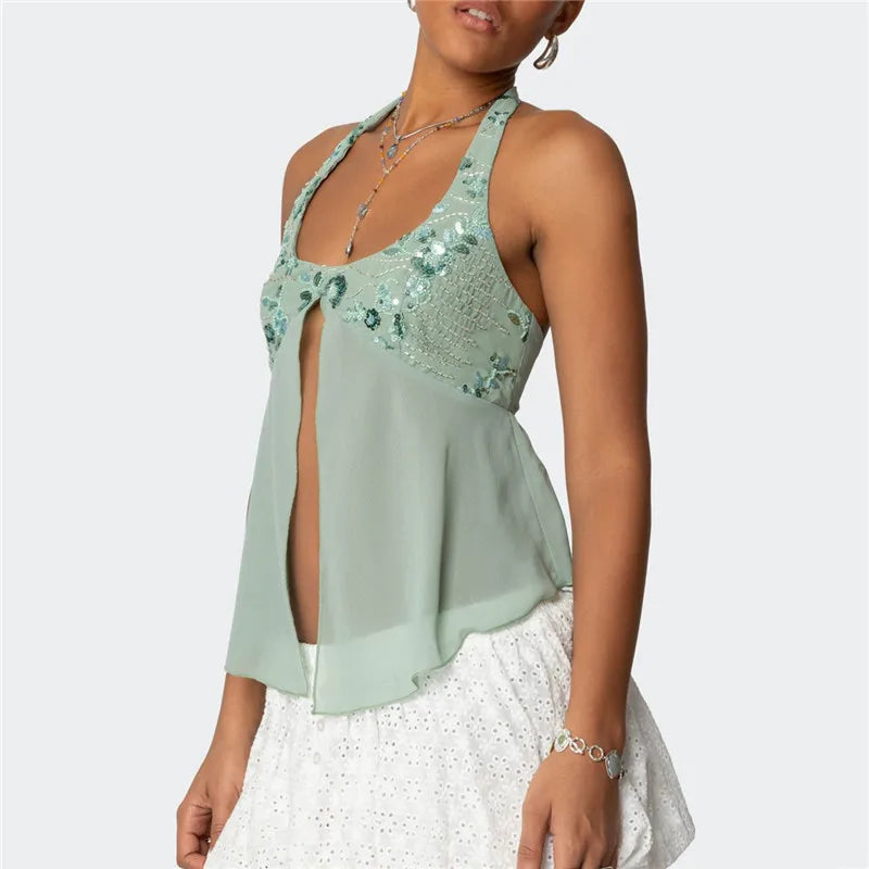 Hira Sequin Halter Mesh Sleeveless Backless Split Tops