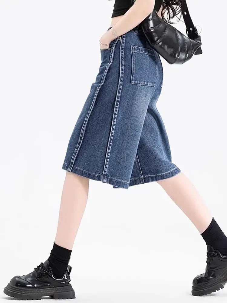 Kimich High Waist Five-Quarter Thin Denim Wide Leg