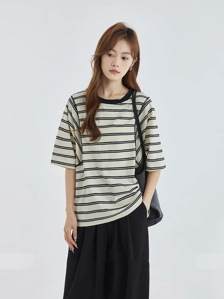 Striped Print Short Sleeve Round Neck