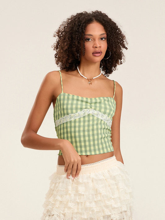 BC Straps Plaids Camis Sleeveless Lace Patchwork Low Cut Crop Tops