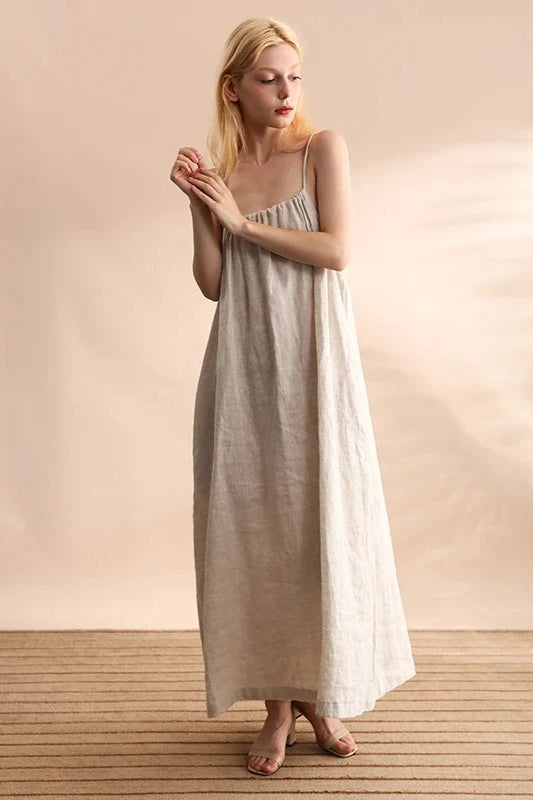 Vintage 100% Linen Halter Sleeveless Back Bandage Long Maxi Dress