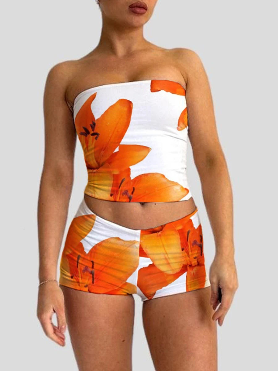 Sets Short Suits Y2k Grunge Flower Print Strapless Tube Tops Elastic Waist