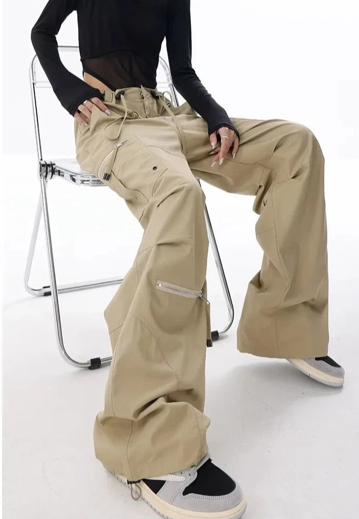 Wide Leg Cargo Pants Drawstring Parachute Trousers