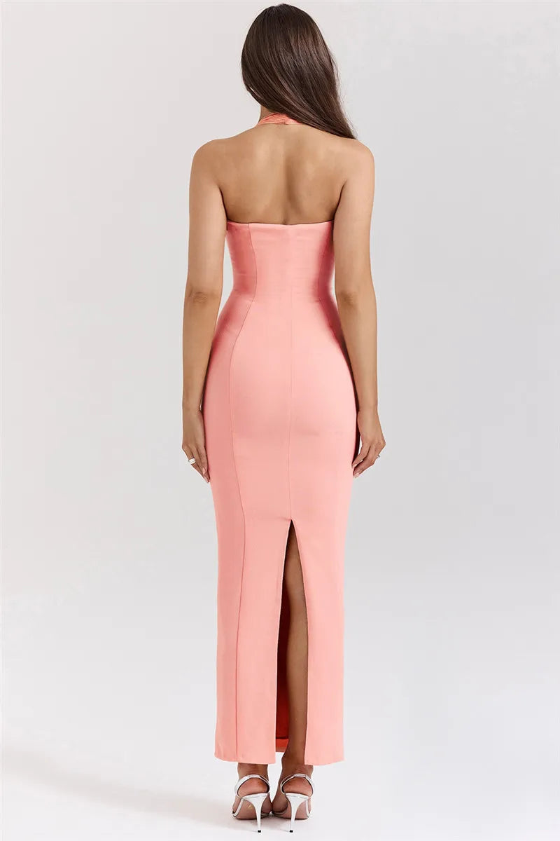 Mozi Strapless Halter Cut Out Sleeveless Backless  Long Elegant Dress