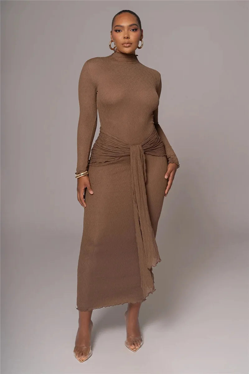 MUA Elegant Long Sleeve Drape Turtleneck Ruched Long Dress