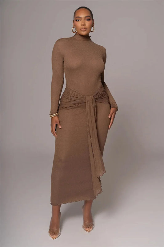 MUA Elegant Long Sleeve Drape Turtleneck Ruched Long Dress