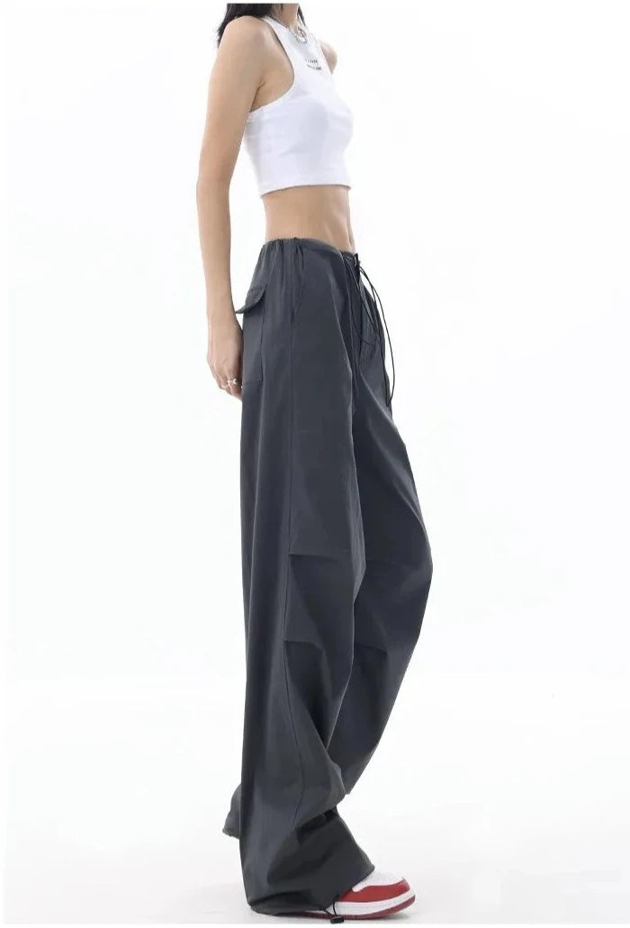 High Waist Drawstring Long Wide Leg Trousers