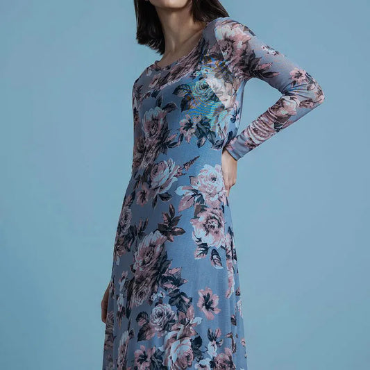 BC Floral Print O-Neck Long Sleeves Maxi Mesh Sheer Dress