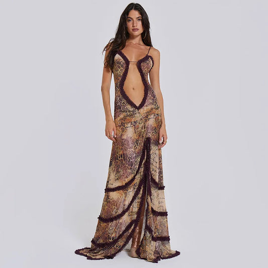 Jade Frilly Halter Backless Split LongY2k Aesthetic Print Maxi Dress