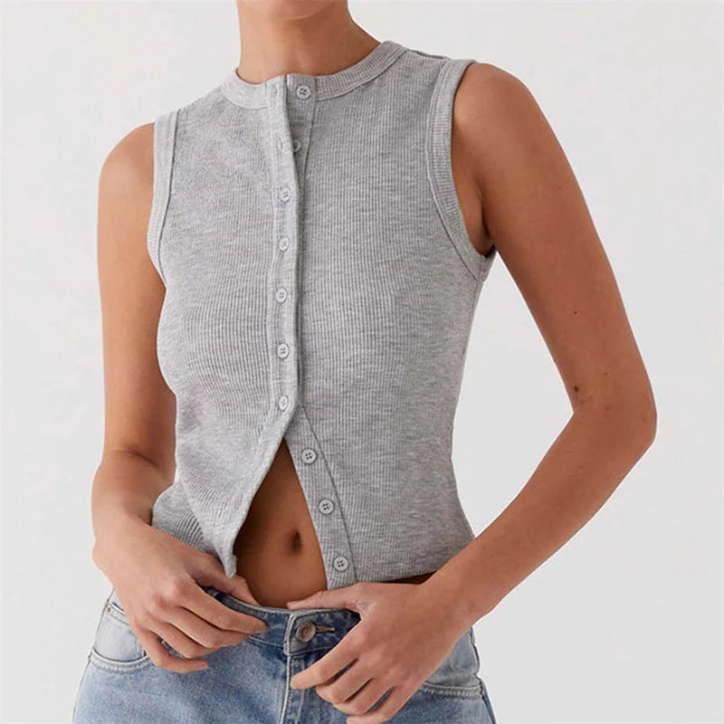 Vintage Ribbed Button Tank Tops Sleeveless Aesthetic Crop Top