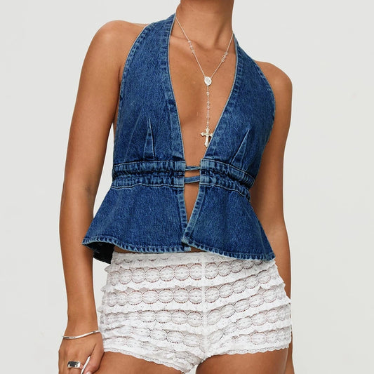 Don Y2K Halter Bow Tie-up Sleeveless Deep V-Neck Backless Denim