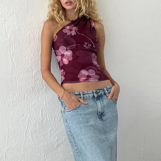 Y2K Vintage Tank Tops Sleeveless Ruched One Shoulder Aesthetic Flower