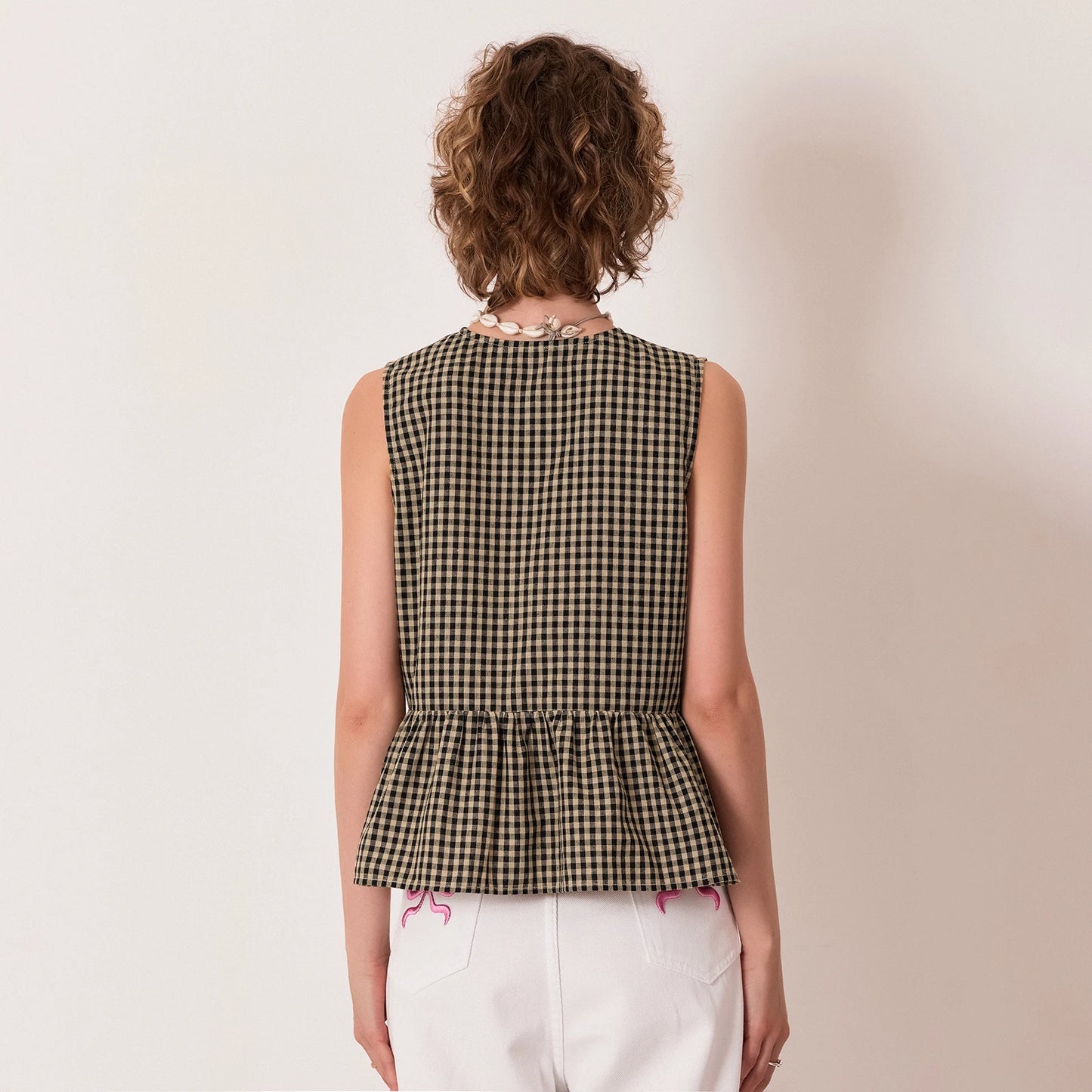 BC Classic Retro Plaids Bow Tied Front Bodydoll Tank Tops Sleeveless Round Neck Ruffle Hem