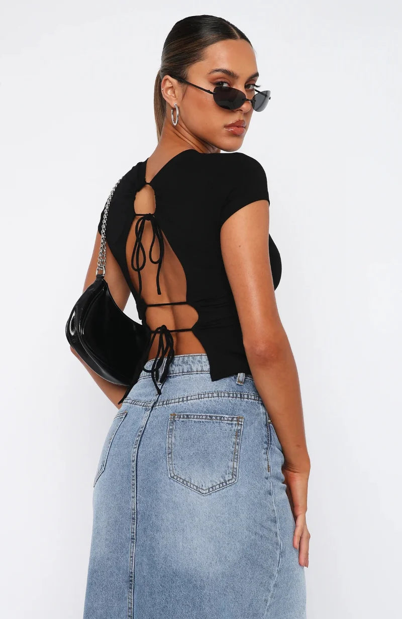 Sydney Cutout Lace Up Backless Short Sleeve Tee
