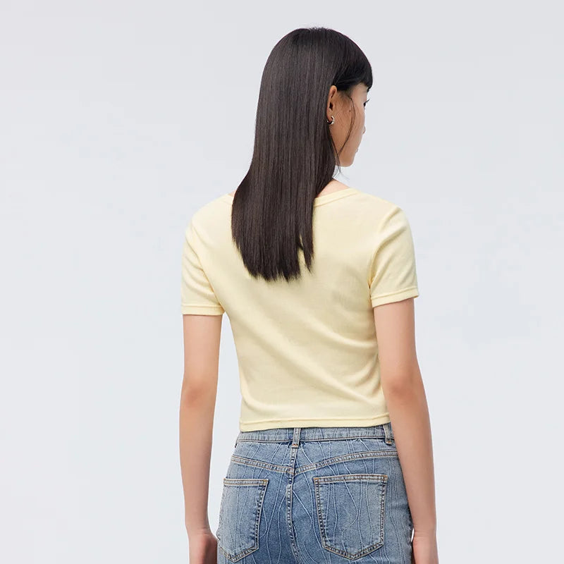 Gia Short-Sleeved Square Collar Embroidered Tight Knitted Tee