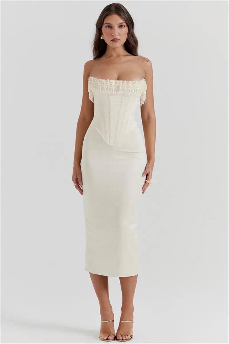 MUA Pearl Tassel Midi Dress Off-shoulder