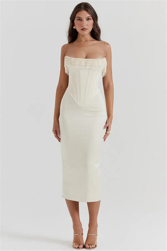 MUA Pearl Tassel Midi Dress Off-shoulder