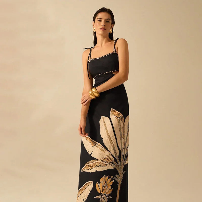 Dia Printed Backless Halter Lace Up Maxi Dresses