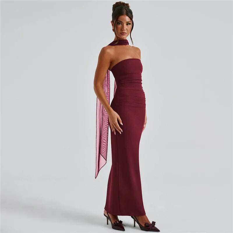 MUA Strapless Backless Maxi Dress Burgundy Mesh Sleeve Off-shoulder Long Dress