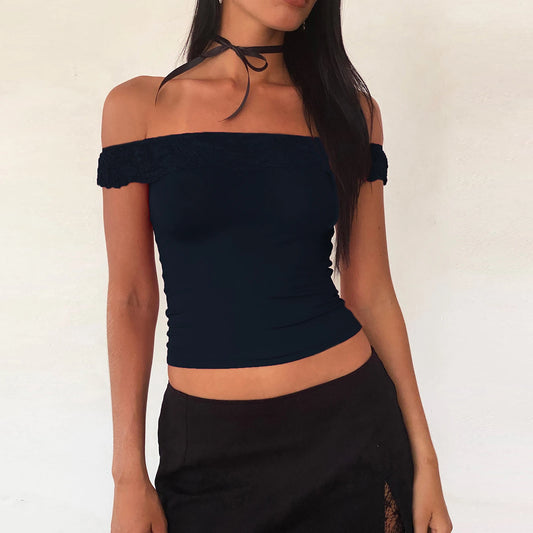 Vintage Cropped Lace Trim Boat Neck Off Shoulder