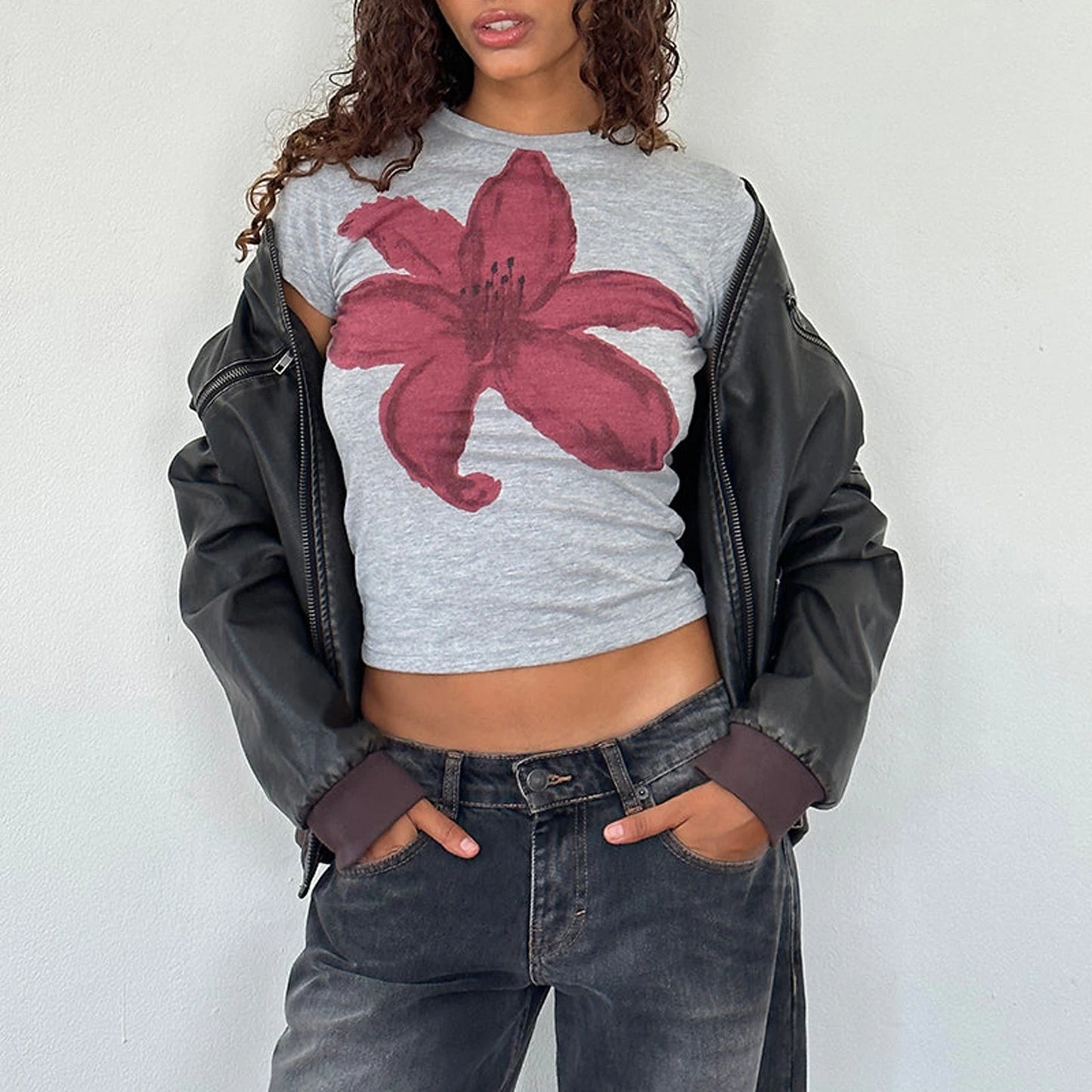 Lala Y2K Cropped Tee Tops Short Sleeve Crewneck Aesthetic Flower T-Shirt