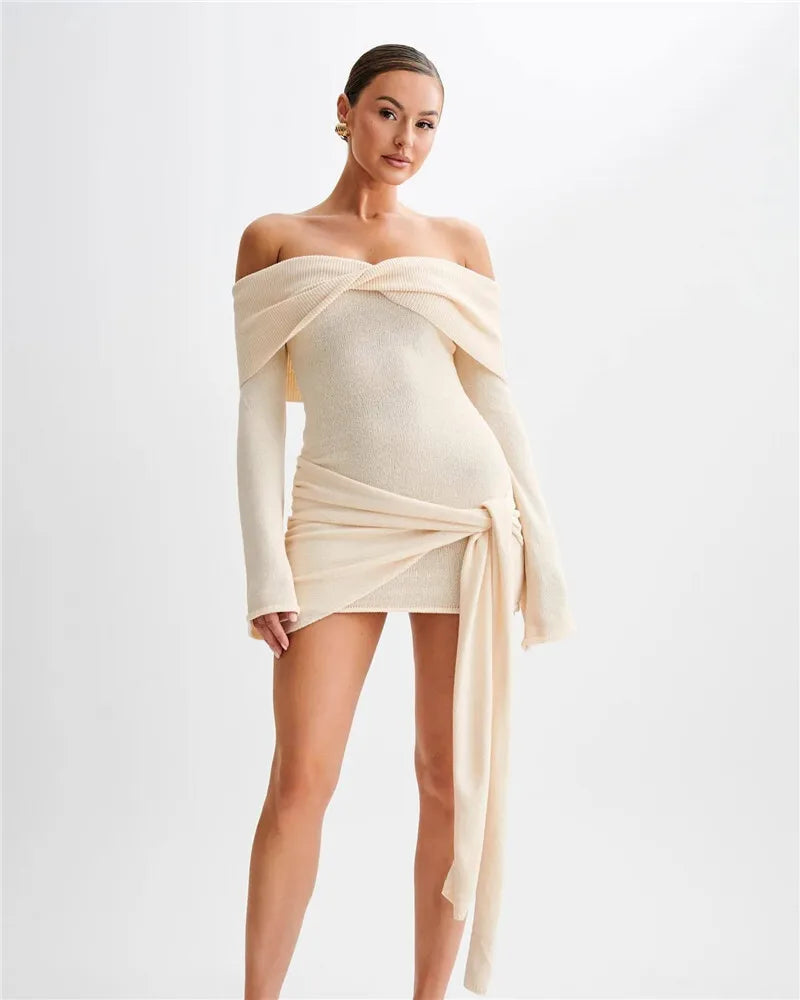 MUA Off-shoulder Knit Strapless Backless Long Sleeve Ruched Draped Knitted Mini Dress