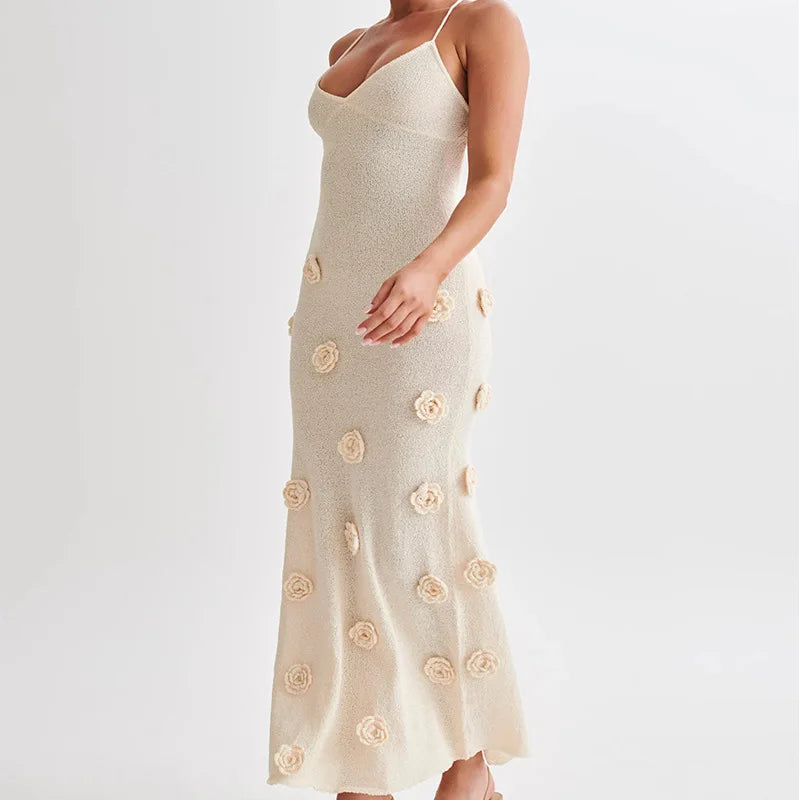 3D Flower Knitted Sling Long Dress Deep V-neck Backless Sleeveless Lace Up