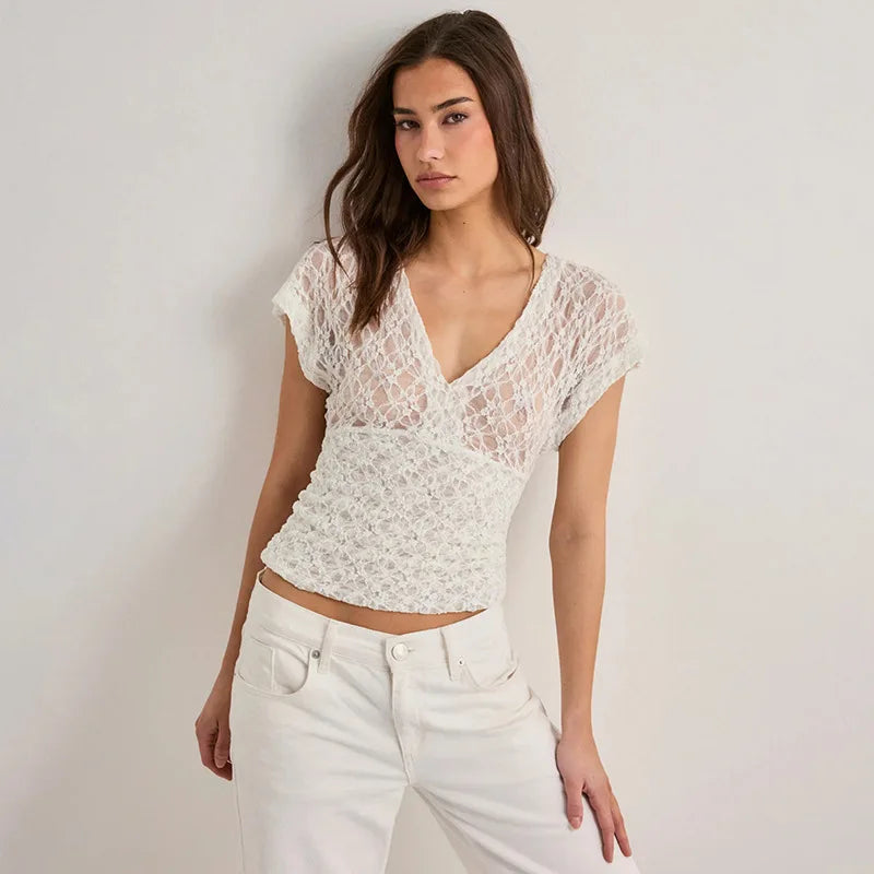 Kimich Hollow Out V-Neck Short Sleeves Top