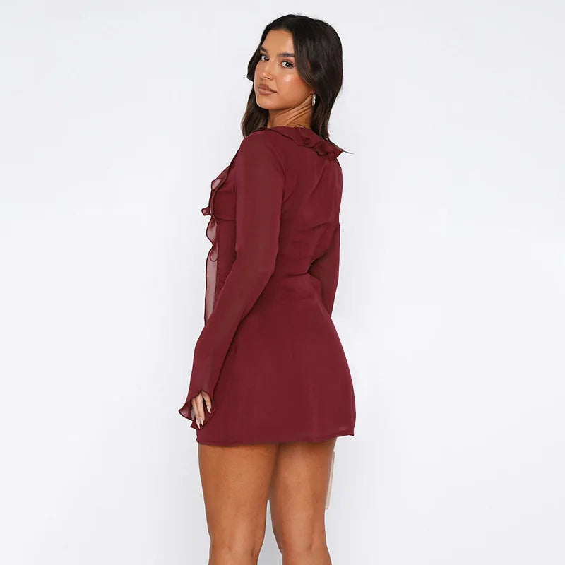 Reese Mesh Ruffle Long Sleeve Tie Up Deep V Neck Short Dress