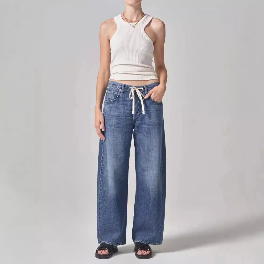 BC CasualLoose-Fit Wide-Leg Pullstring Jeans