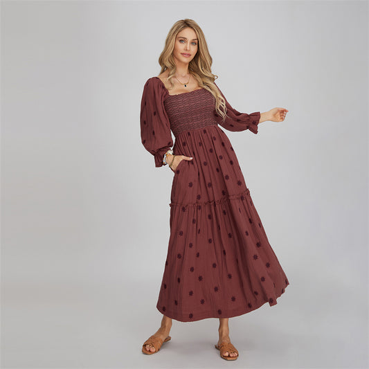 Tasha Retro Embroidered Flowers Flowy Long Puff Sleeve Square Neck Smocked A-Line Dress