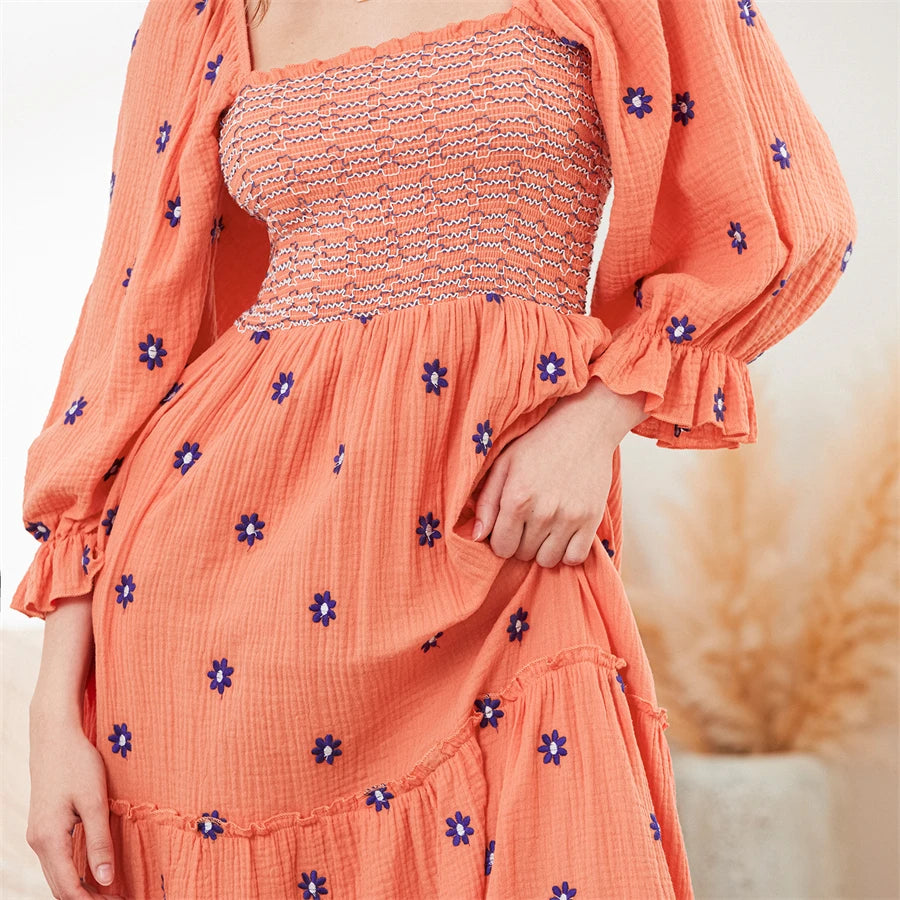 Tasha Retro Embroidered Flowers Flowy Long Puff Sleeve Square Neck Smocked A-Line Dress