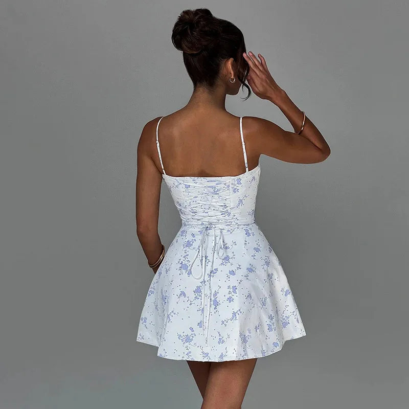 Floral Print A-line Strapless Lace-up Dress