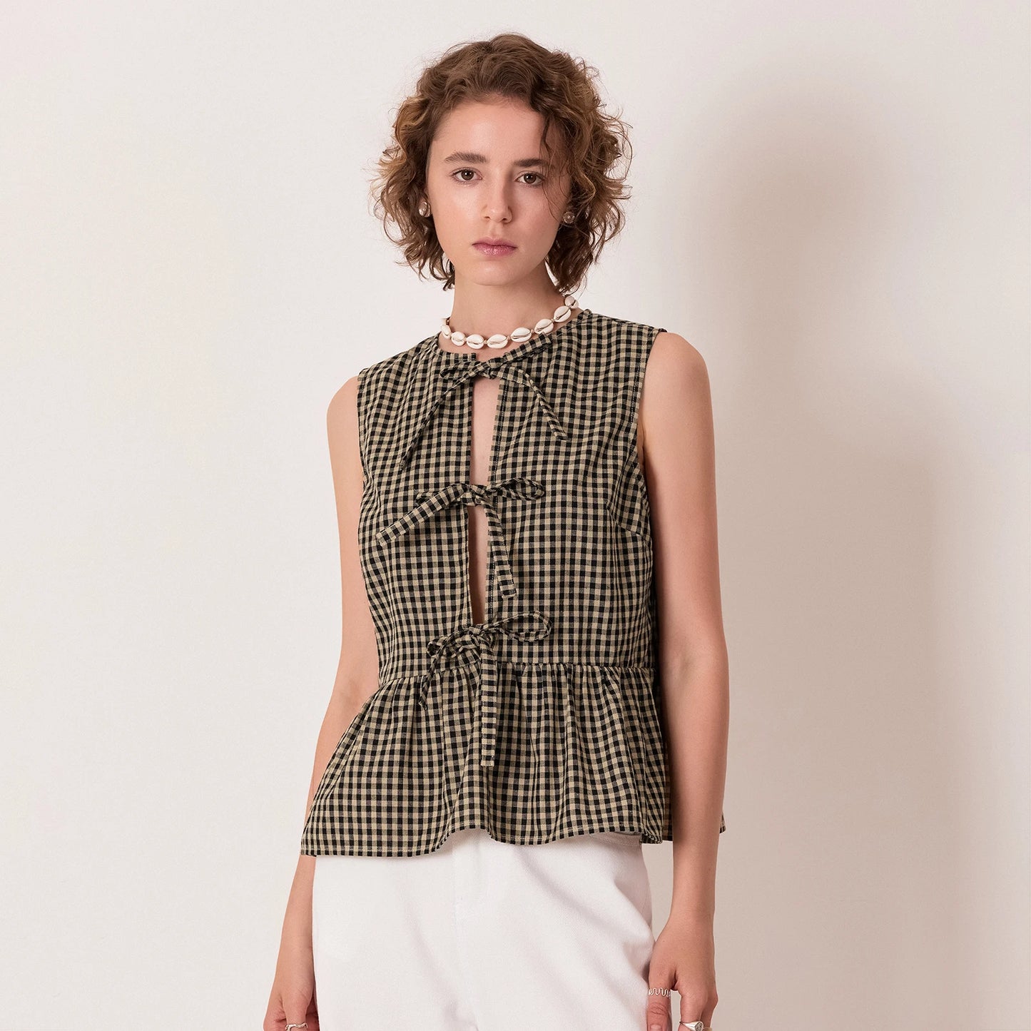 BC Classic Retro Plaids Bow Tied Front Bodydoll Tank Tops Sleeveless Round Neck Ruffle Hem