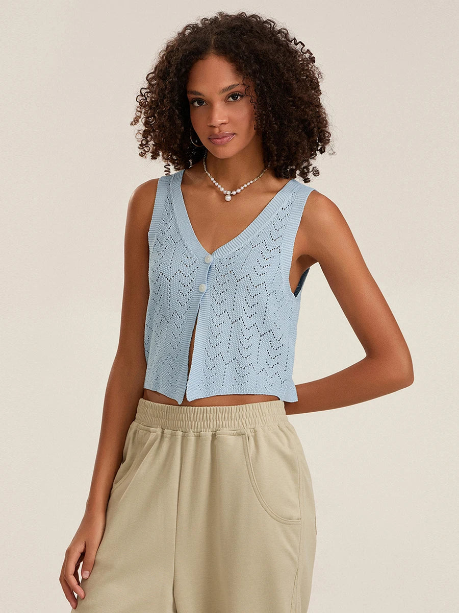 BG Summer Knitted Cutout Crop Tank Tops Sleeveless Button Sweater