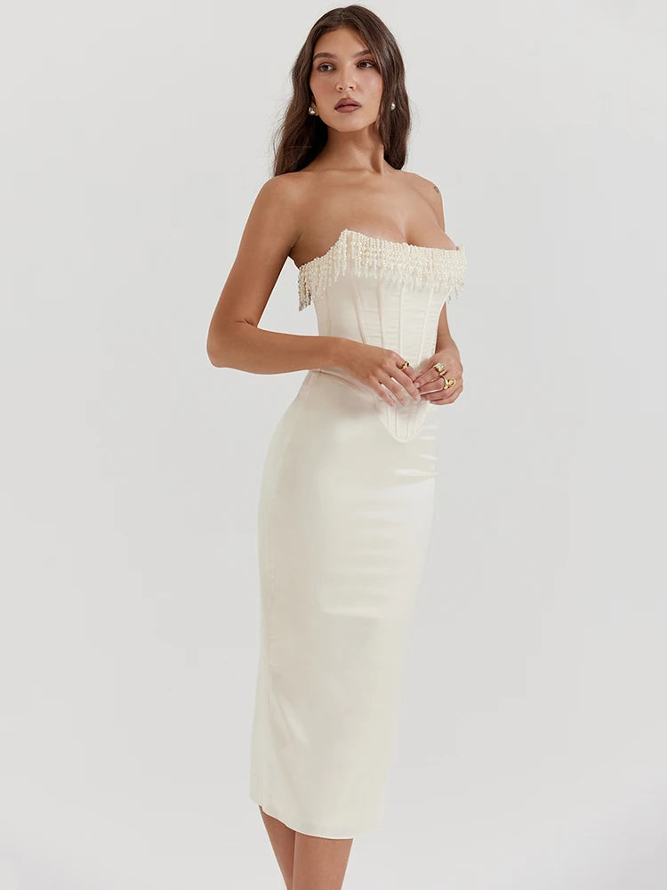 MUA Pearl Tassel Midi Dress Off-shoulder