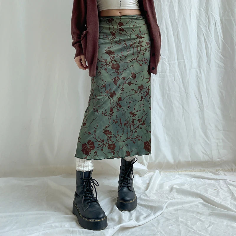 Suk y2k Vintage Floral Printing Midi Skirt