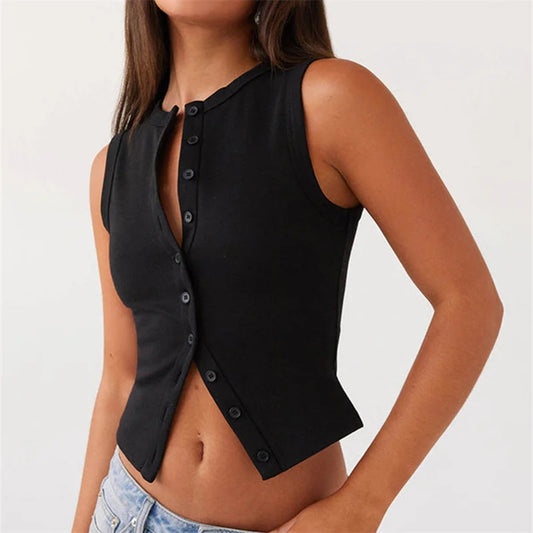 Vintage Ribbed Button Tank Tops Sleeveless Aesthetic Crop Top